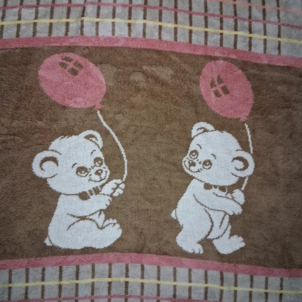 Vtg San Marcos Brown Bear Balloon Reversible Blanket Pink Yellow Soft 40x50‎ Htf